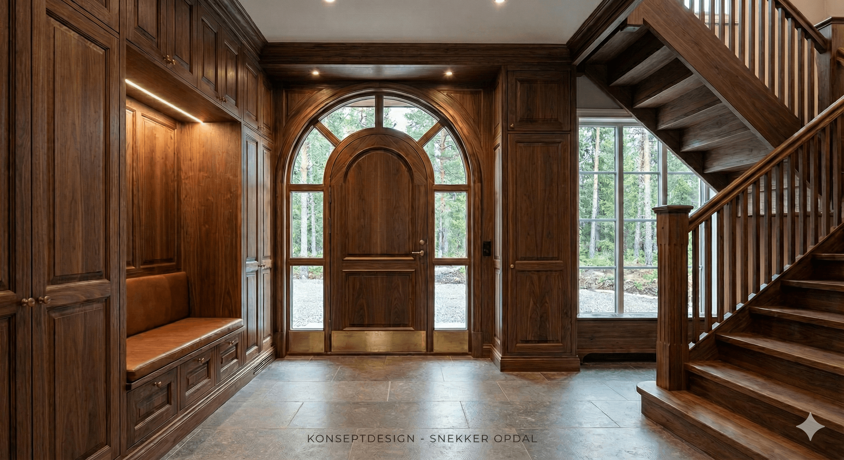 Håndlaget inngangsparti i massivt tre — skreddersydd snekkerarbeid